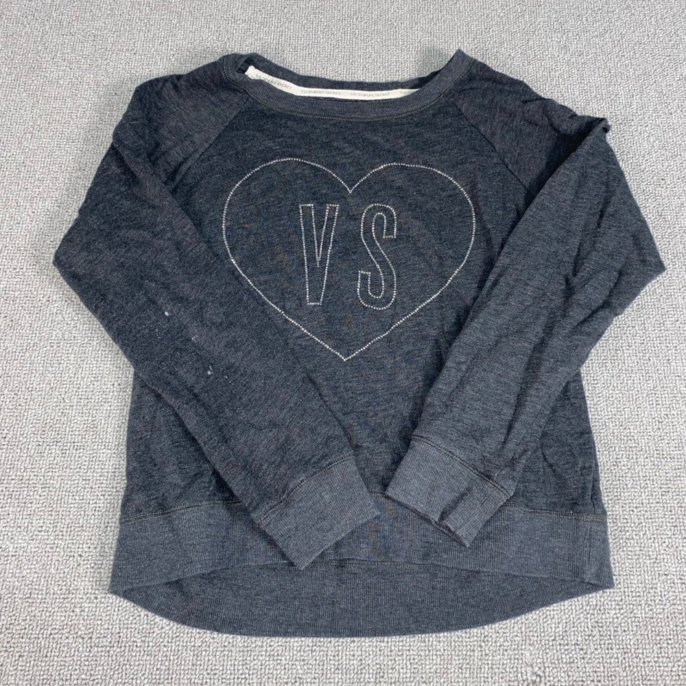 Victoria's Secret Sweatshirt Womens Small Gray Rhinestone Heart VS Pullover Top